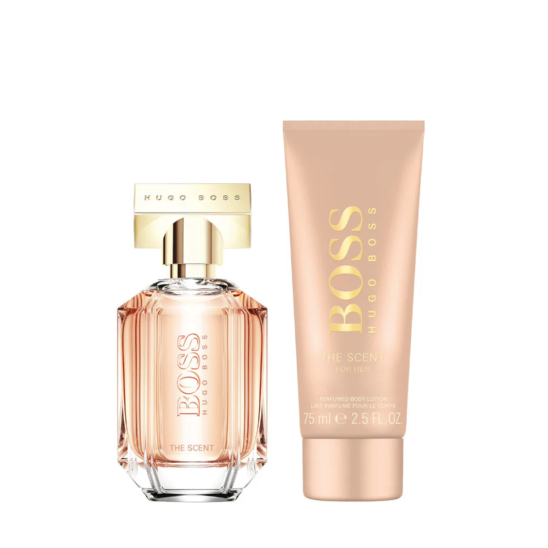 "Set Hugo Boss The Scent Mujer con perfume y loción corporal."