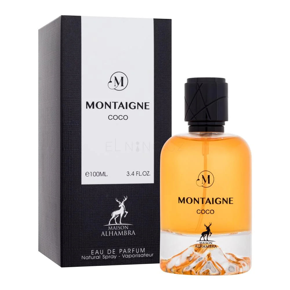 "Maison Alhambra Montaigne Coco – Perfume floral frutal con coco cremoso y un toque de vainilla."