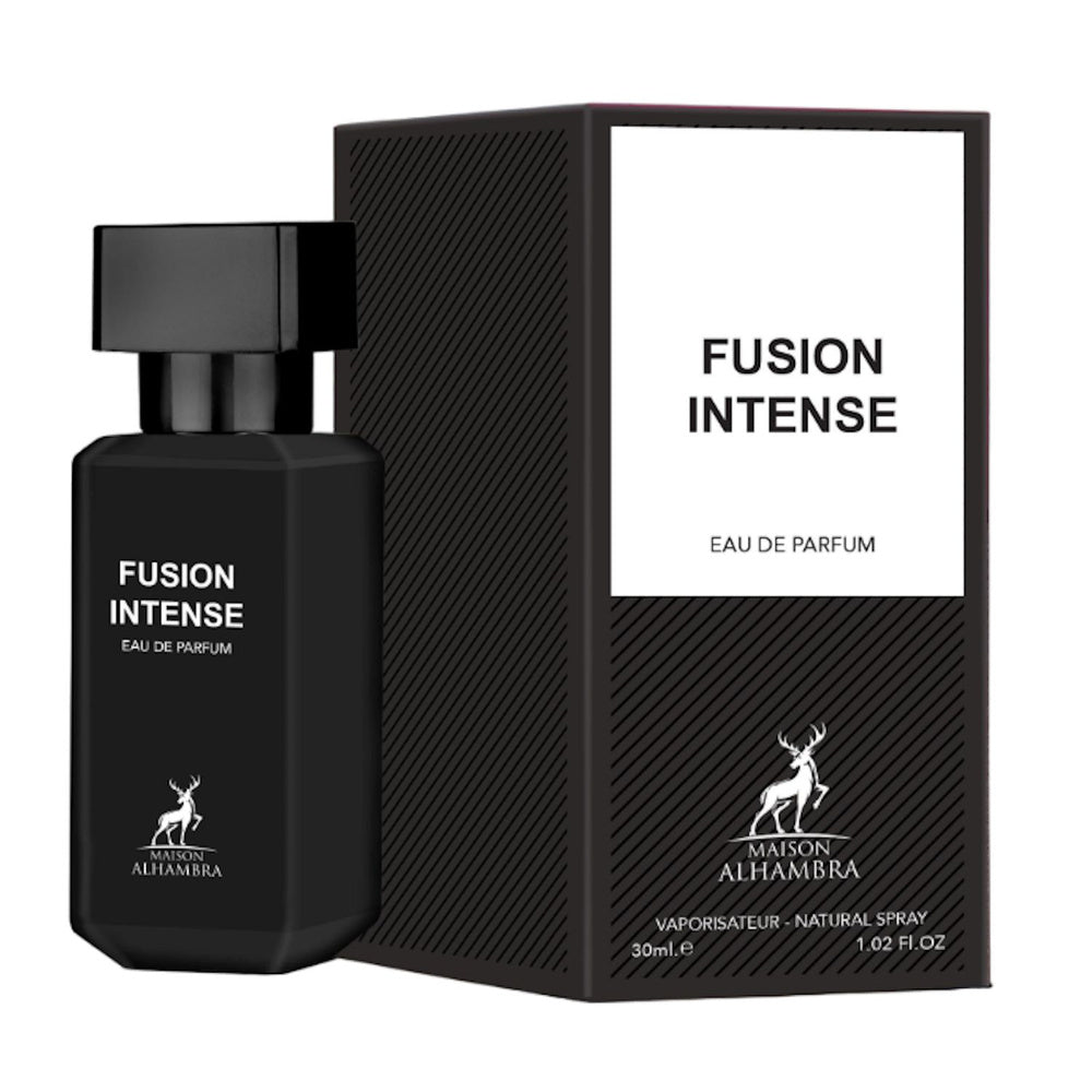 "Maison Alhambra Fusion Intense Parfum – Perfume especiado amaderado para hombre."