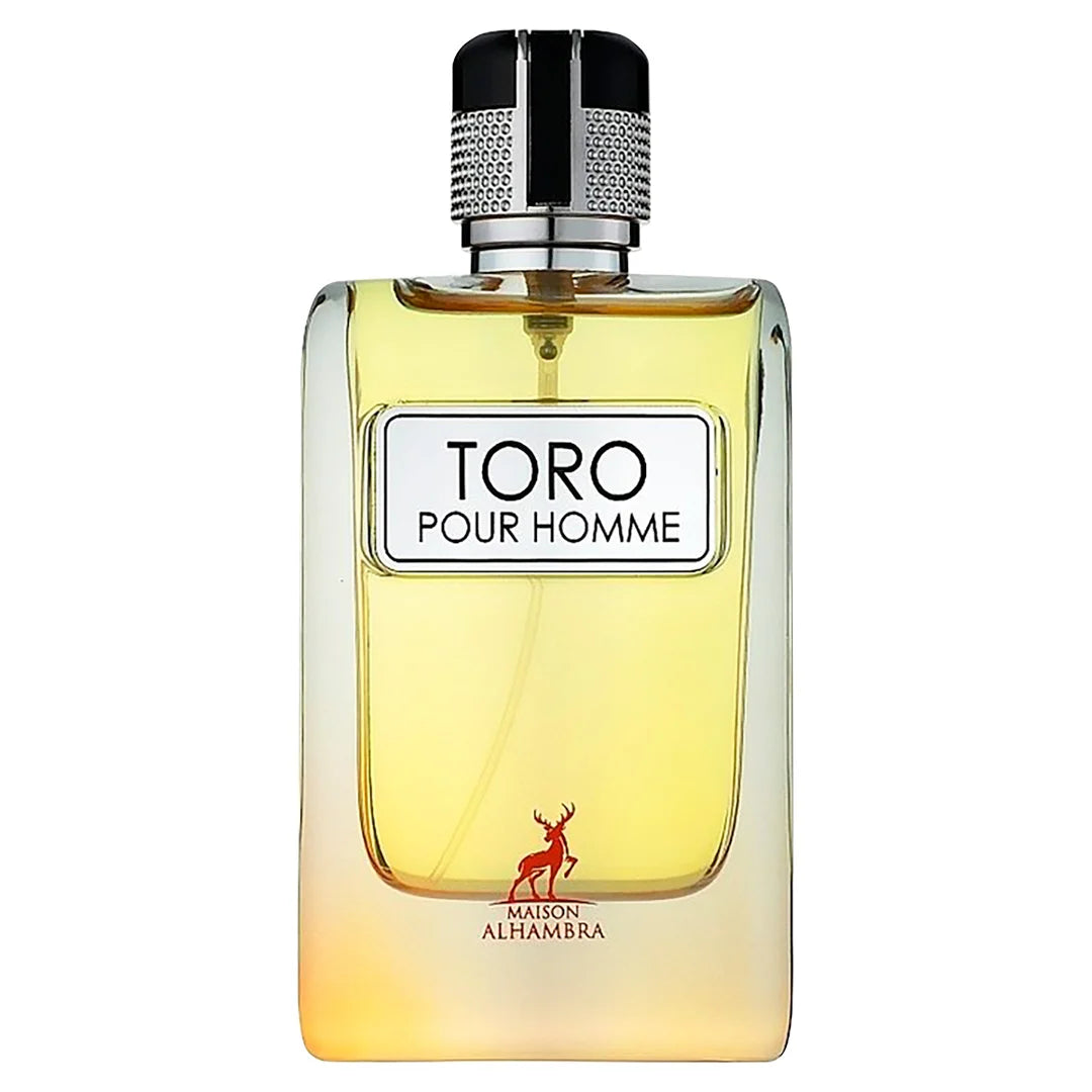 "Maison Alhambra Toro Pour Homme – Perfume masculino con notas intensas de cuero y especias."