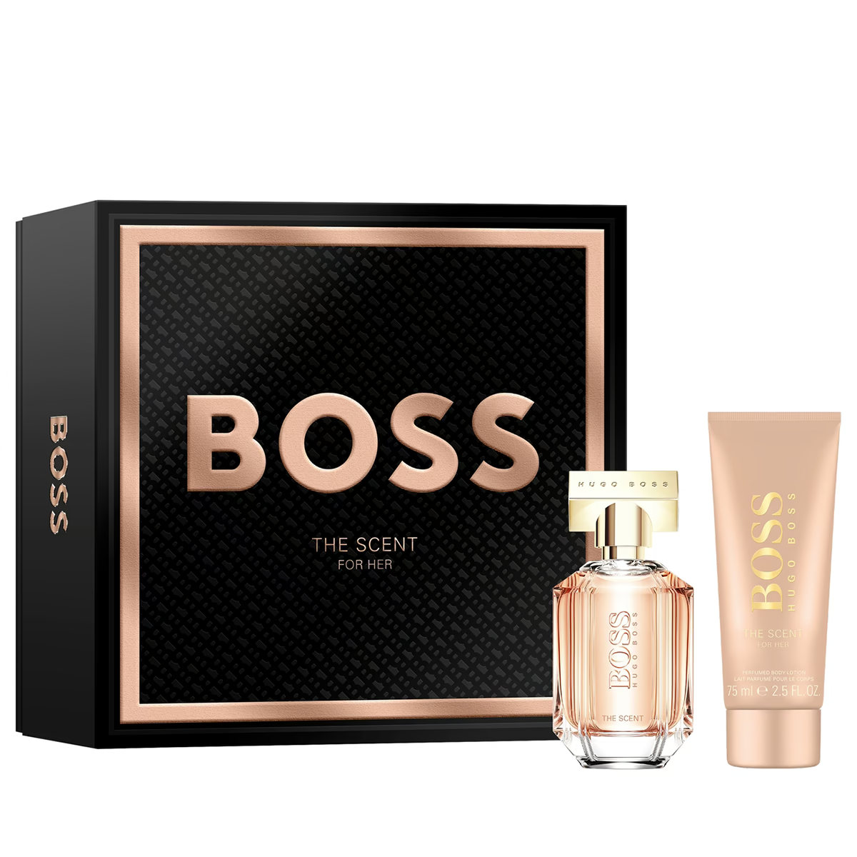 "Set Hugo Boss The Scent Mujer con perfume y loción corporal."
