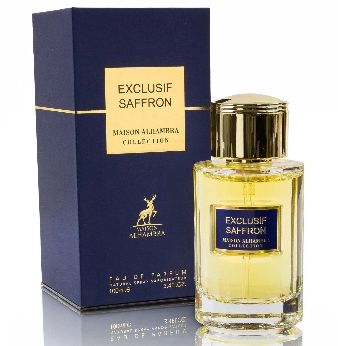 "Maison Alhambra Exclusif Saffron – Perfume de lujo con azafrán y oud."