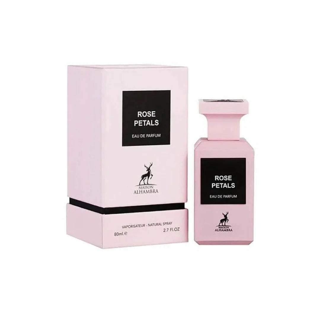 "Maison Alhambra Rose Petals – Perfume floral con notas de rosa y almizcle."