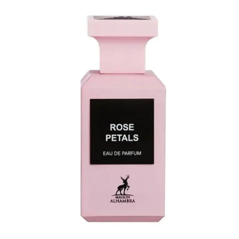 "Maison Alhambra Rose Petals – Perfume floral con notas de rosa y almizcle."