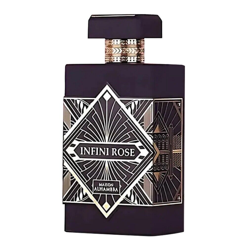 "Maison Alhambra Infini Rose – Perfume floral amaderado con notas de rosa y sándalo."