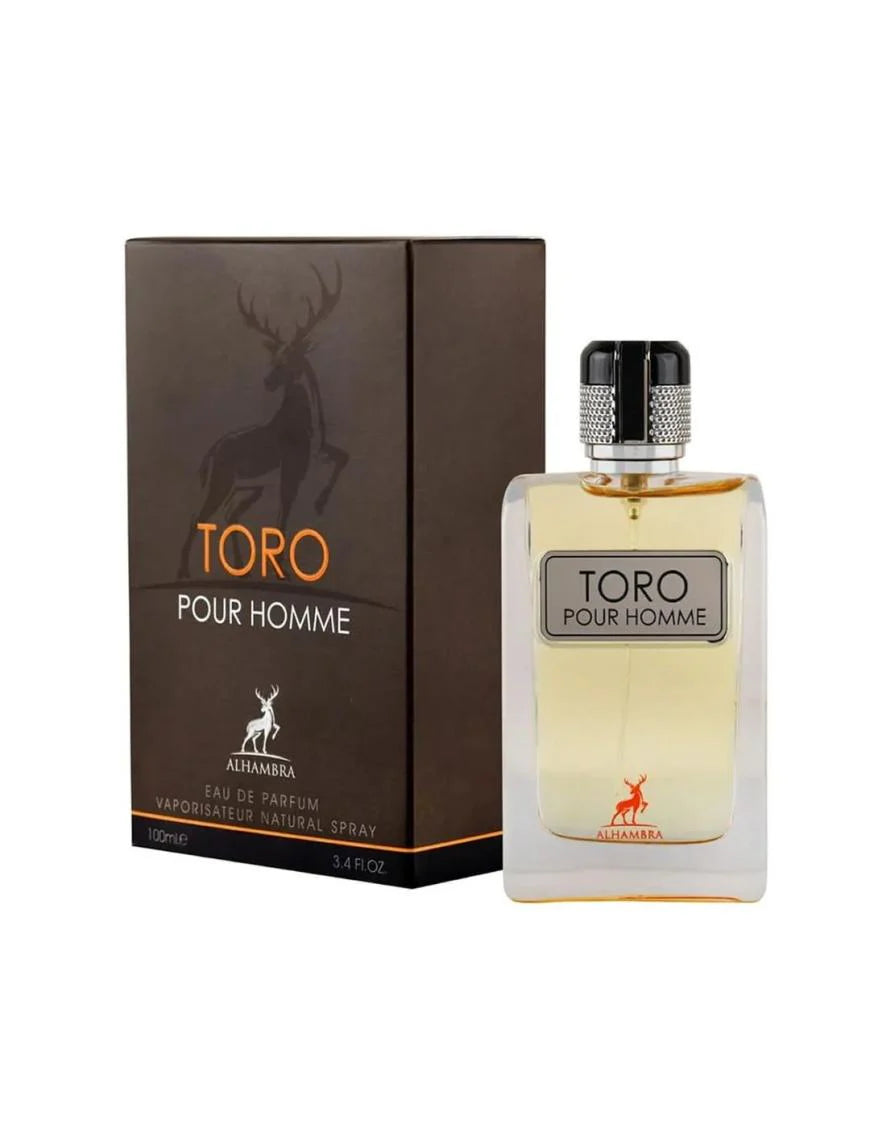 "Maison Alhambra Toro Pour Homme – Perfume masculino con notas intensas de cuero y especias."