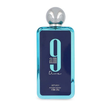 "Afnan 9AM Dive Blue – Perfume masculino fresco con notas marinas y amaderadas."