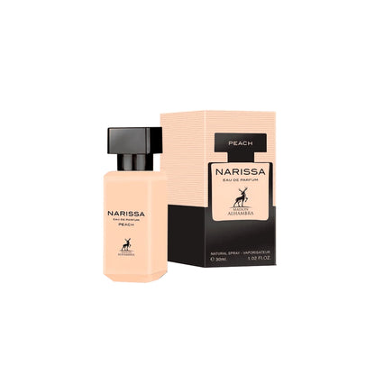 "Maison Alhambra Peach Narissa 30 ml – Perfume femenino afrutado y floral con notas de durazno y jazmín."