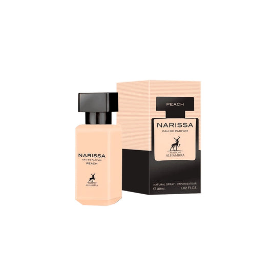 "Maison Alhambra Peach Narissa 30 ml – Perfume femenino afrutado y floral con notas de durazno y jazmín."