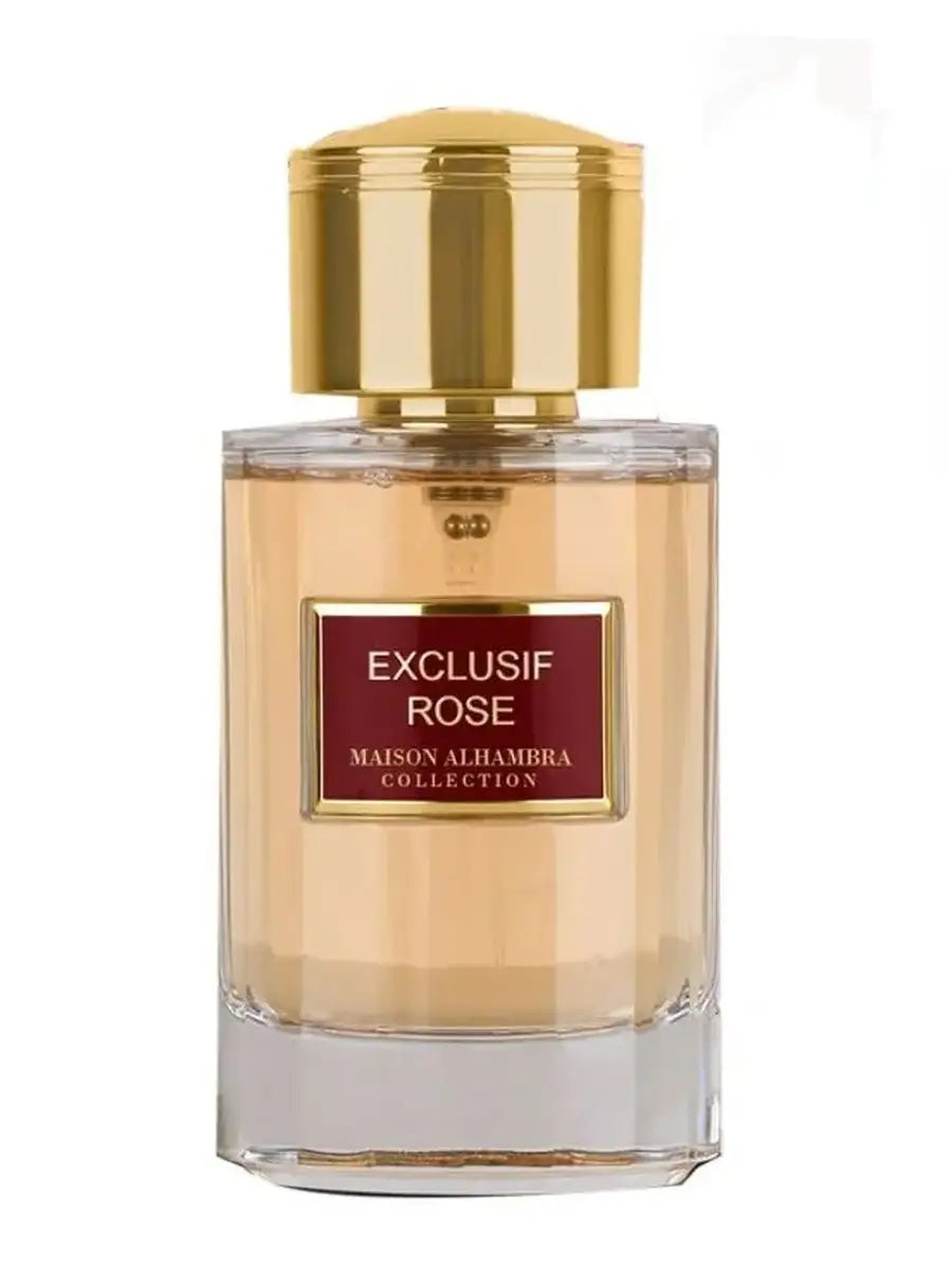 "Maison Alhambra Exclusif Rose – Perfume floral y amaderado con notas de rosa y ámbar."