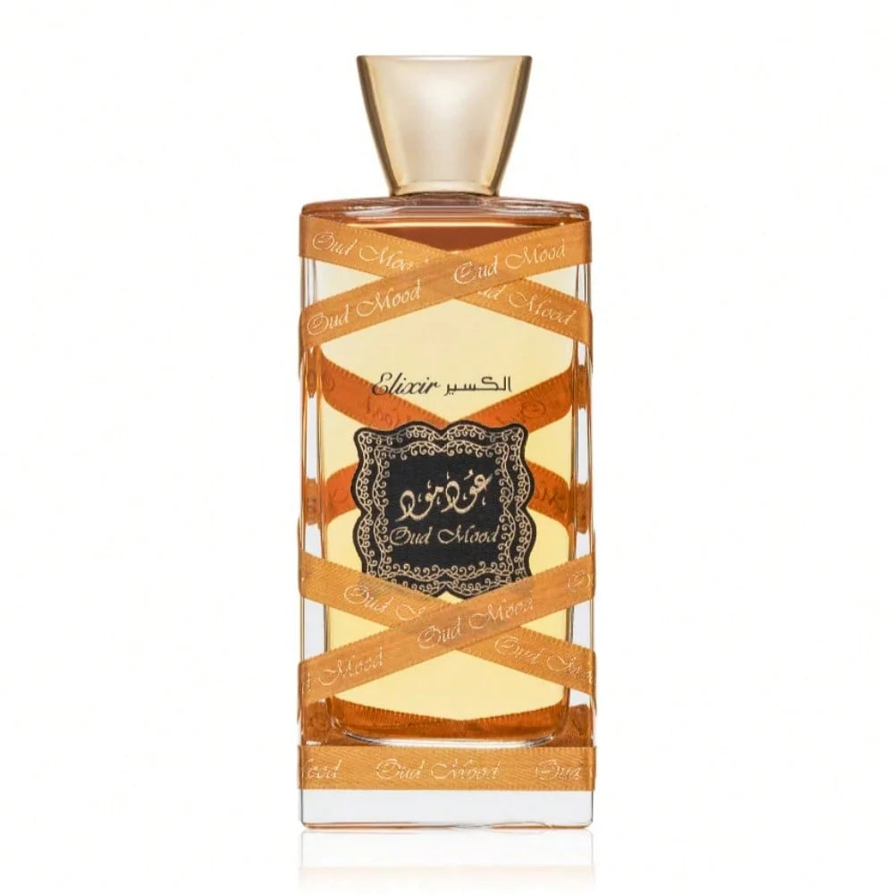"Lattafa Oud Mood Elixir 100 ml Edp – Perfume unisex con oud, ámbar y especias para una presencia envolvente."