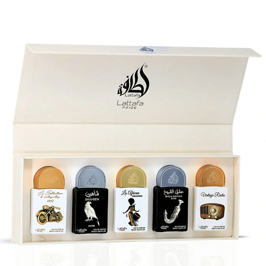 Lattafa Pride D'antiquites + Shaheen + LA African Drummer + Ishq AL Shuyukh + Vintage Radio EDP 20ML