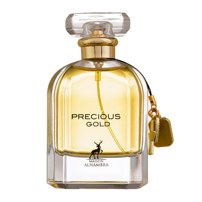 "Maison Alhambra Precious Gold Girl – Perfume floral oriental con ámbar y vainilla."