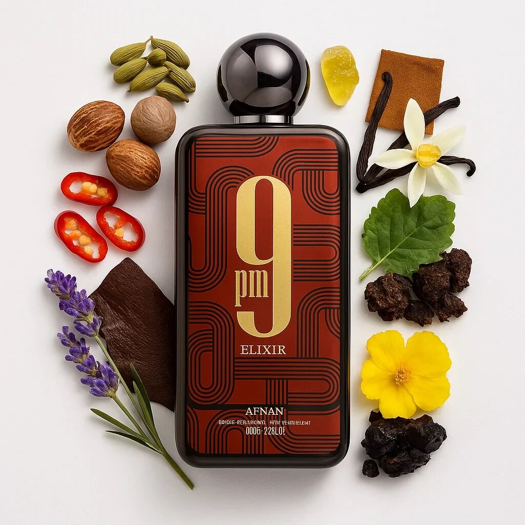 Perfume Afnan 9PM Elixir Eau de Parfum 100 ml frasco negro elegante – fragancia masculina intensa y duradera.