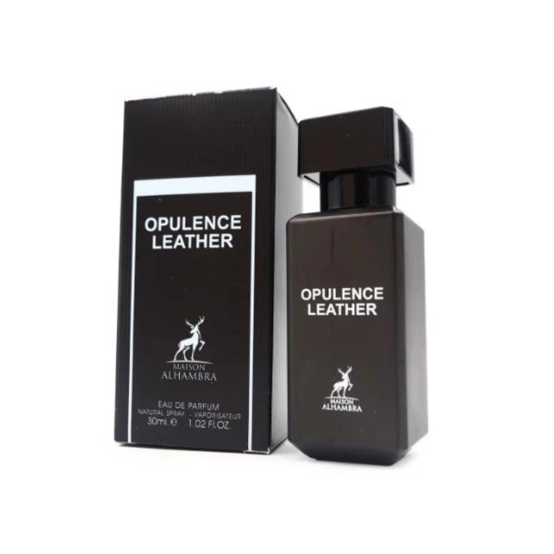 "Maison Alhambra Opulence Leather – Perfume masculino con aroma a cuero, especias y maderas."