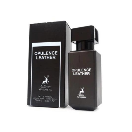 "Maison Alhambra Opulence Leather – Perfume masculino con aroma a cuero, especias y maderas."
