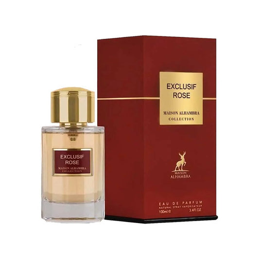 "Maison Alhambra Exclusif Rose – Perfume floral y amaderado con notas de rosa y ámbar."