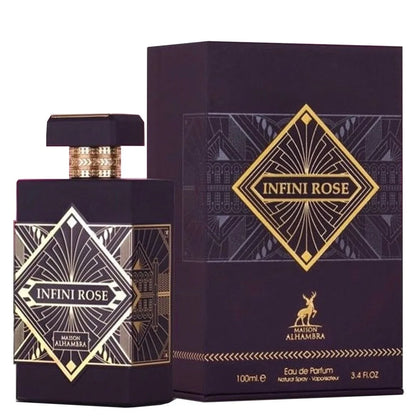 "Maison Alhambra Infini Rose – Perfume floral amaderado con notas de rosa y sándalo."