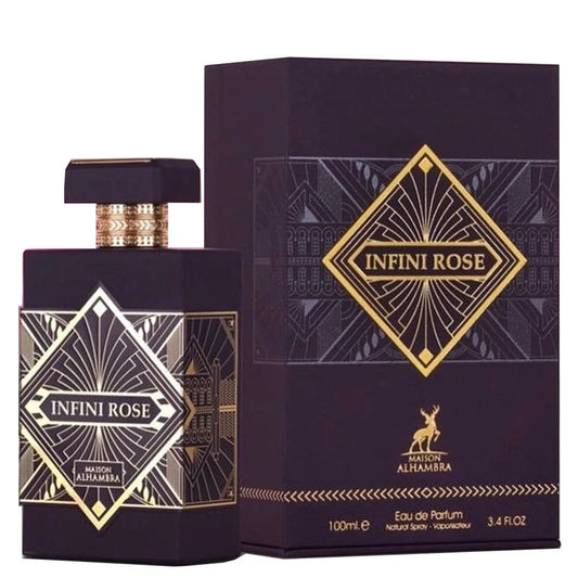 "Maison Alhambra Infini Rose – Perfume floral amaderado con notas de rosa y sándalo."
