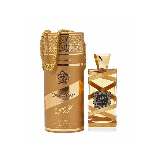"Lattafa Oud Mood Elixir 100 ml Edp – Perfume unisex con oud, ámbar y especias para una presencia envolvente."