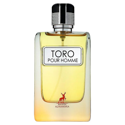 "Maison Alhambra Toro Pour Homme – Perfume masculino con notas intensas de cuero y especias."