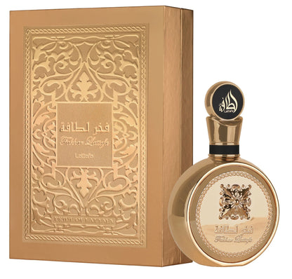 "Lattafa Pride Fakhar Gold 100 ml Edp – Perfume unisex con notas frutales, florales y amaderadas."