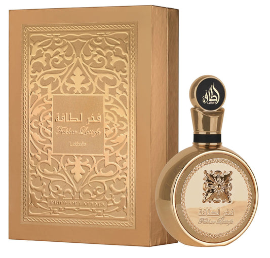 "Lattafa Pride Fakhar Gold 100 ml Edp – Perfume unisex con notas frutales, florales y amaderadas."
