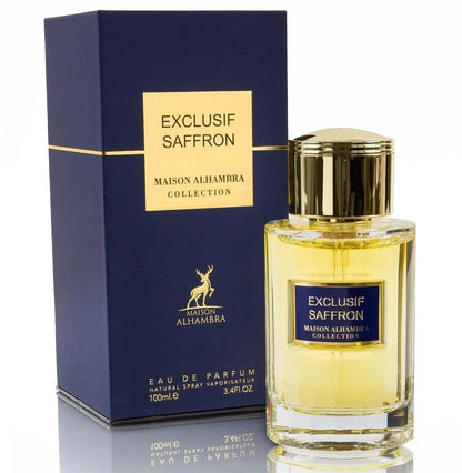 "Maison Alhambra Exclusif Saffron – Perfume de lujo con azafrán y oud."
