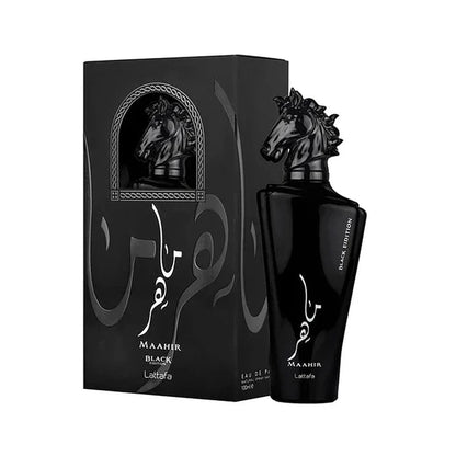"Lattafa Maahir Black Edition 100 ml Edp – Perfume masculino sofisticado y potente."