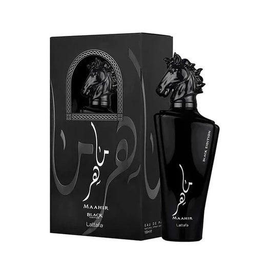 "Lattafa Maahir Black Edition 100 ml Edp – Perfume masculino sofisticado y potente."