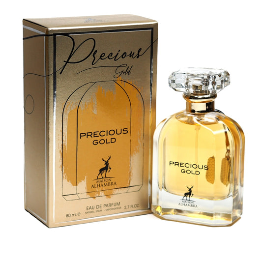 "Maison Alhambra Precious Gold Girl – Perfume floral oriental con ámbar y vainilla."