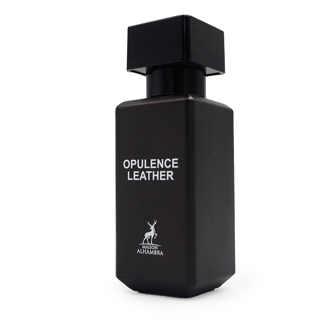 "Maison Alhambra Opulence Leather – Perfume masculino con aroma a cuero, especias y maderas."