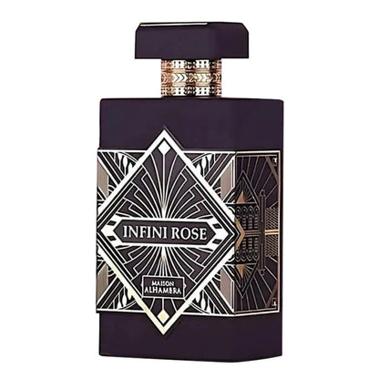 "Maison Alhambra Infini Rose – Perfume floral amaderado con notas de rosa y sándalo."
