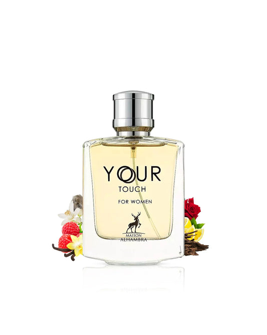 "Maison Alhambra Your Touch for Women – Perfume floral afrutado con toques de vainilla y almizcle."