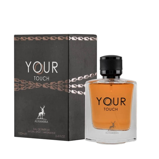 "Maison Alhambra Your Touch – Perfume floral afrutado con toques de vainilla y almizcle."