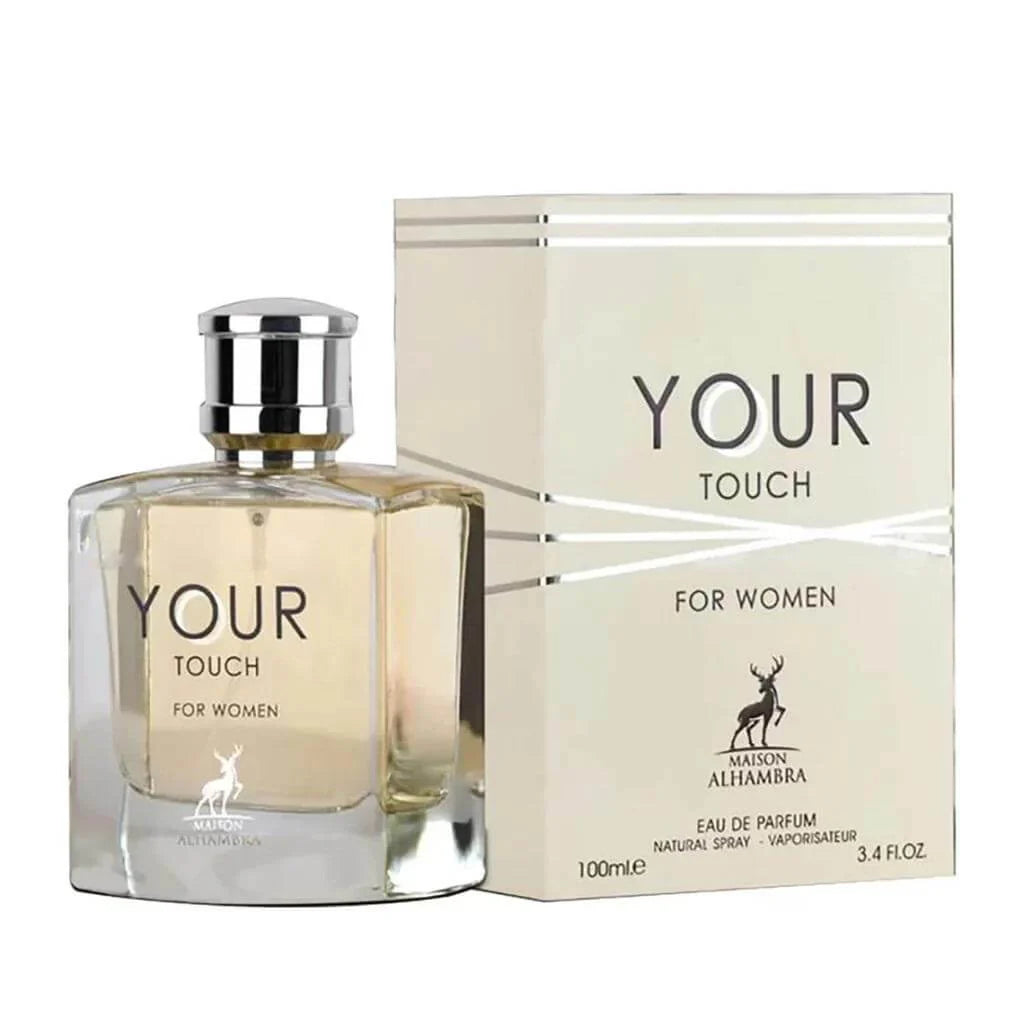 "Maison Alhambra Your Touch for Women – Perfume floral afrutado con toques de vainilla y almizcle."